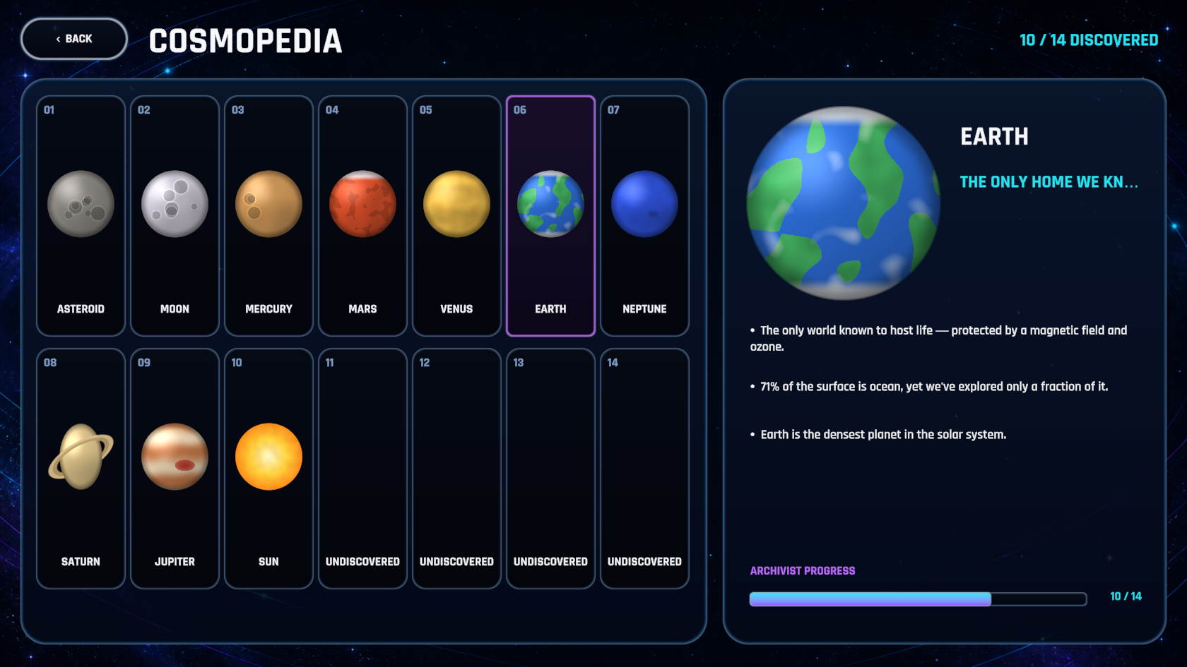 Cosmic Merge Cosmopedia with Earth selected and the world catalogue visible