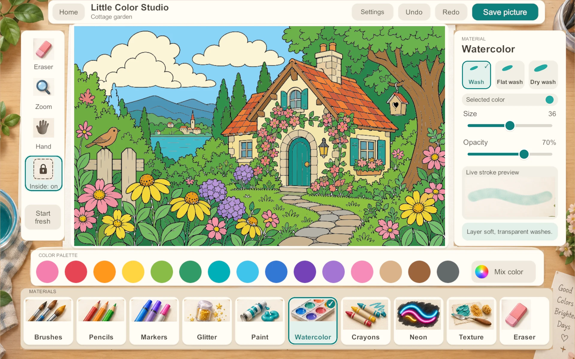 Little Color Studio game interface: A cozy cottage, with the Watercolor panel open.