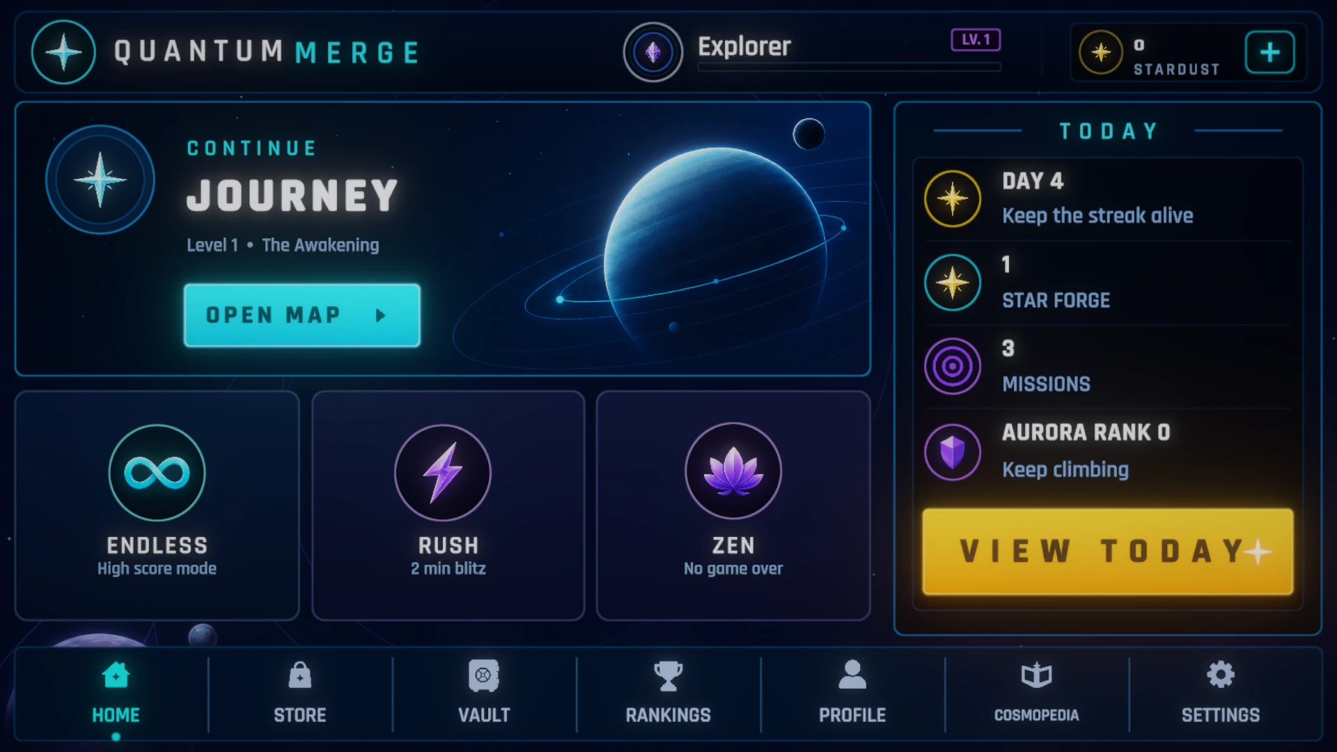 The renamed Quantum Merge home screen showing Journey, Endless, Rush and Zen