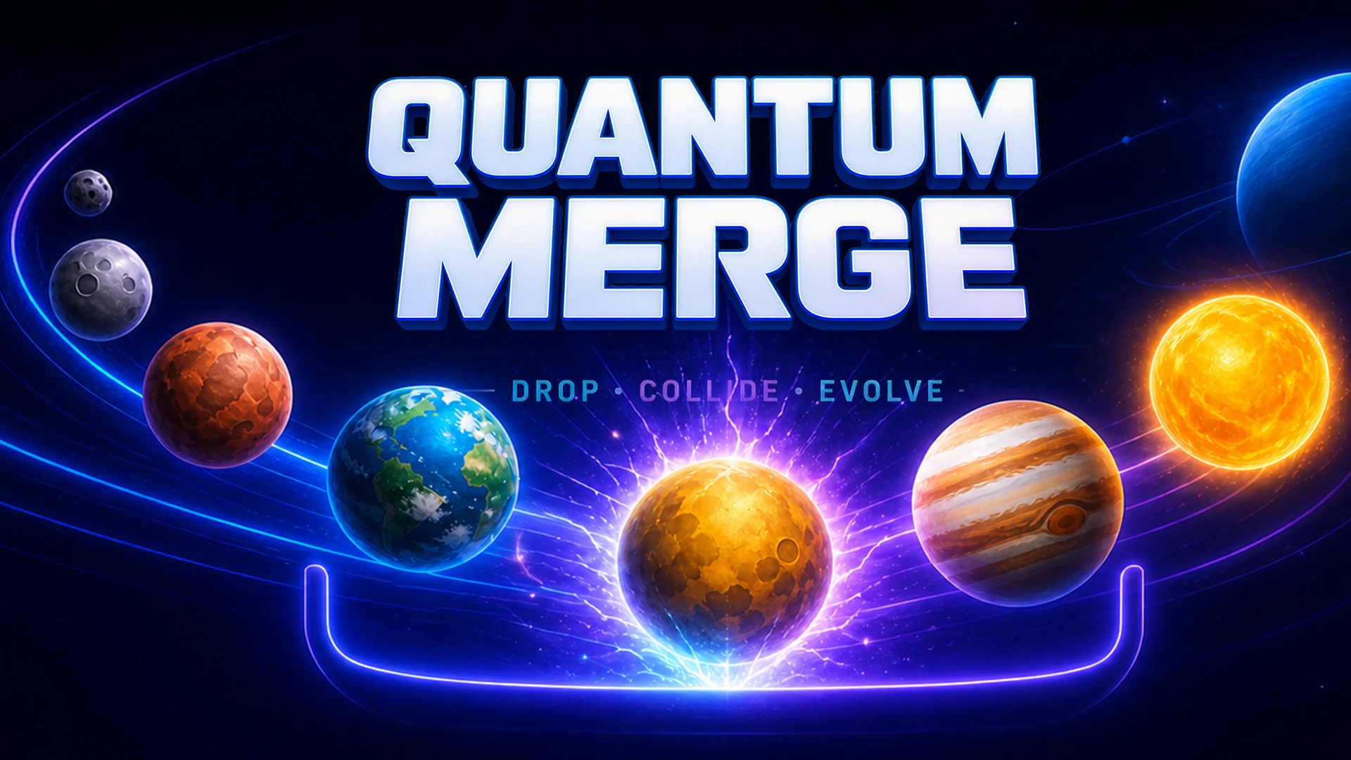 Quantum Merge promotional key art with planets merging in a glowing vessel