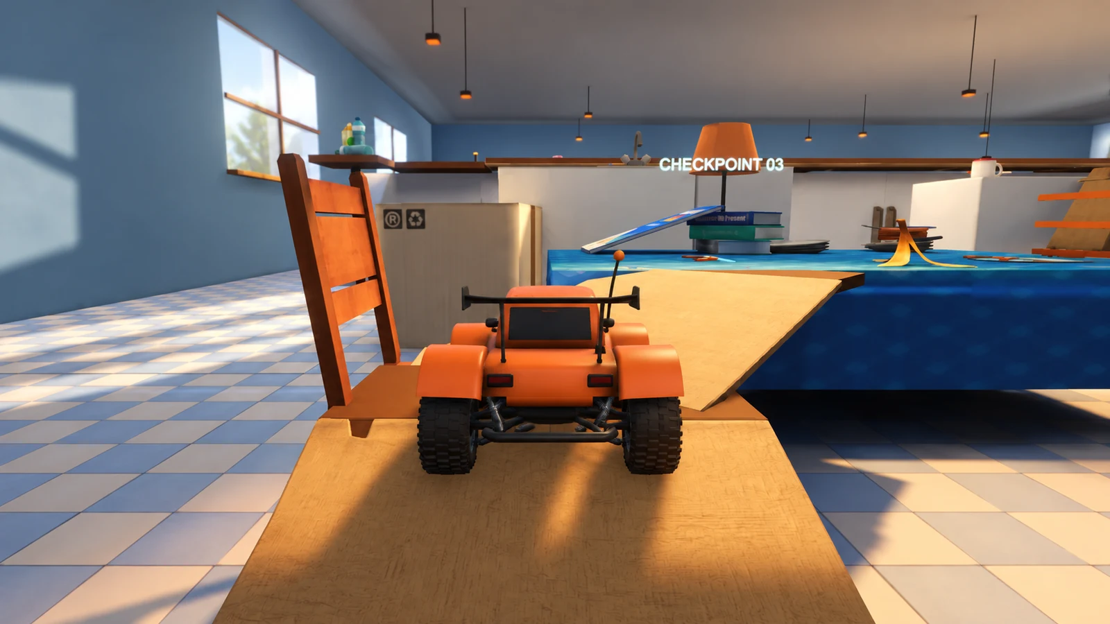 Riptide climbs from a chair toward the kitchen table — promotional level artwork