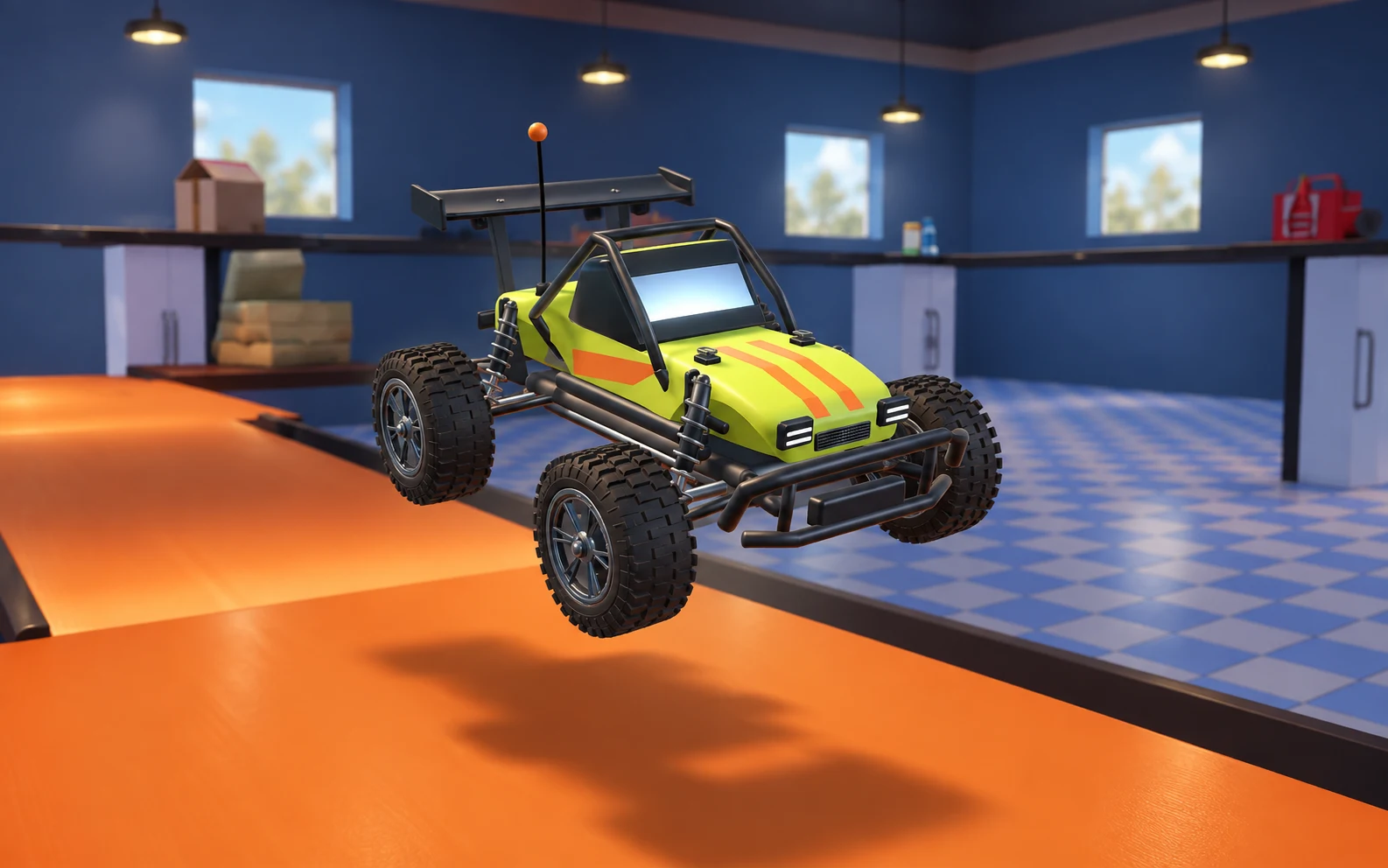 Sidewinder jumping an orange ramp in the workshop level — promotional artwork