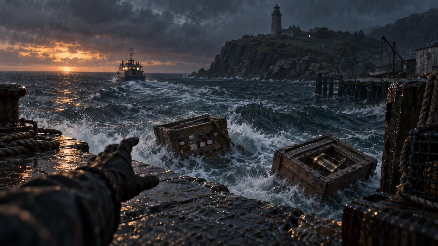 A storm tears two crates from the harbour landing